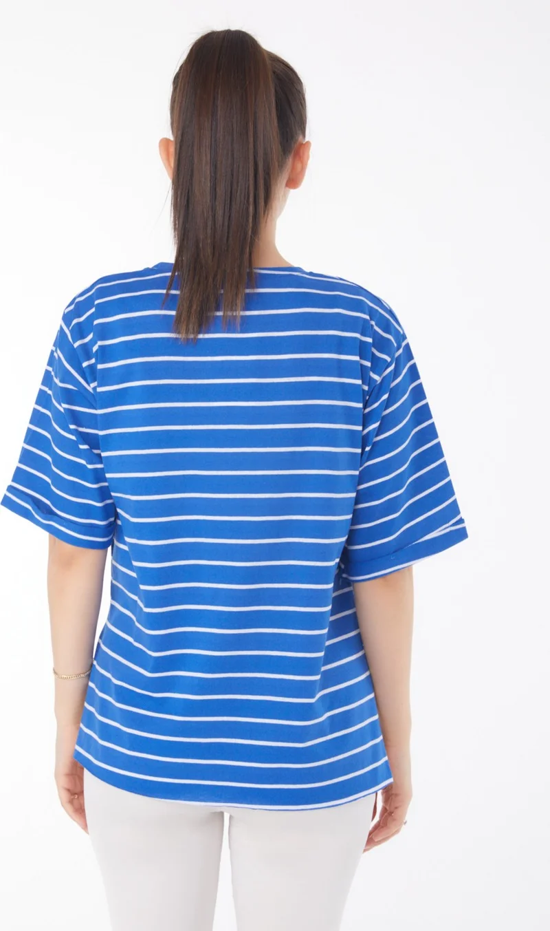 Tofisa Plain Crew Neck Women's Blue Striped Short Sleeve T-Shirt - 25840