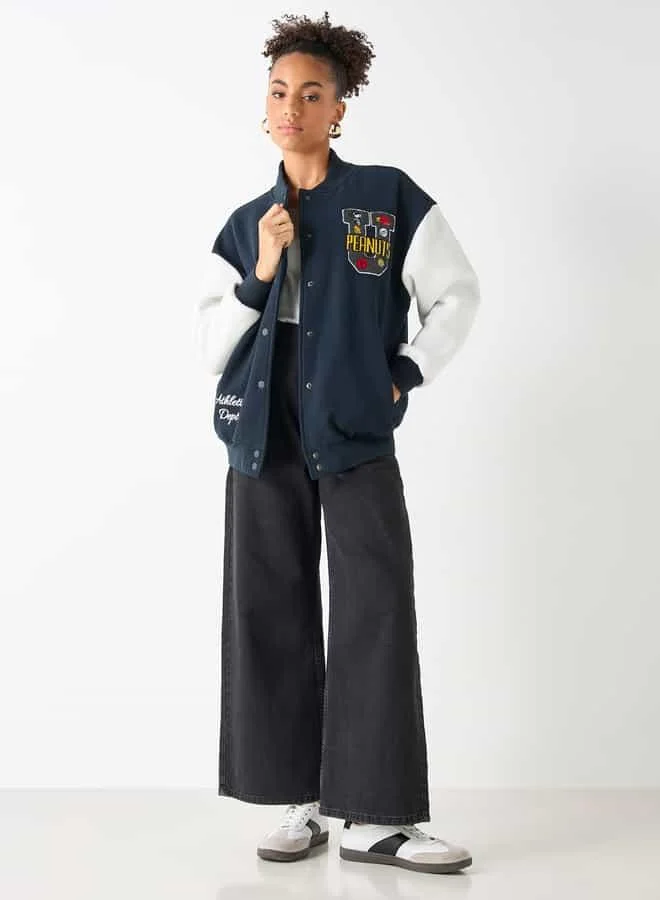 SP Characters Peanuts Print Varsity Jacket with Snap Button Closure