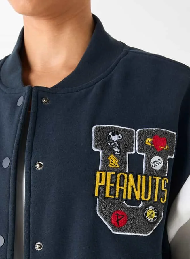 SP Characters Peanuts Print Varsity Jacket with Snap Button Closure
