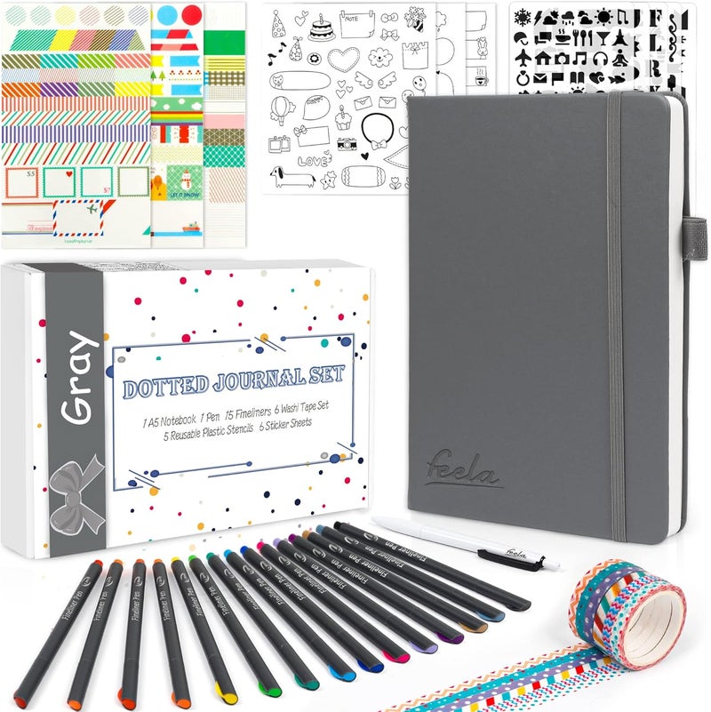 Feela Dotted Journal Kit, Dot Grid Journal Hardcover Planner Notebook Set For Beginners Women Girls Note Taking with Journaling Supplies Stencils Stickers Pens Accessories, A5, 224 Pages, Gray - Image 1