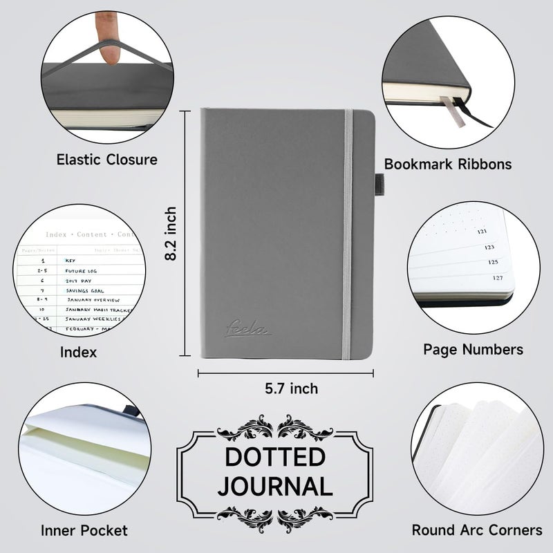 Feela Dotted Journal Kit, Dot Grid Journal Hardcover Planner Notebook Set For Beginners Women Girls Note Taking with Journaling Supplies Stencils Stickers Pens Accessories, A5, 224 Pages, Gray - Image 2
