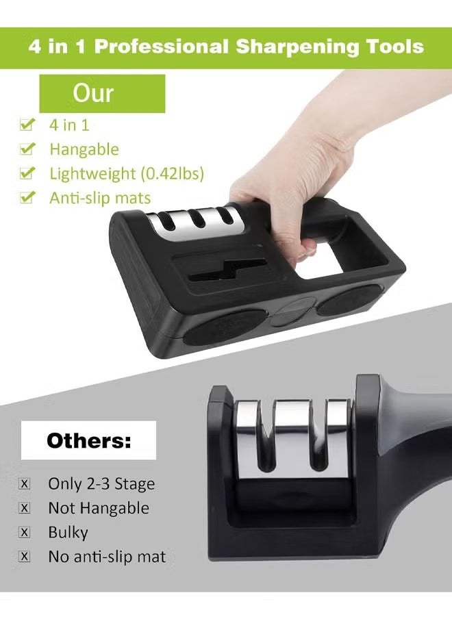 Hihonor - Knife Sharpener, 4-in-1 Kitchen Knife Sharpener with Scissors Sharpener, Knife Sharpener Tool for Repairing, Restoring, and Polishing Blades, Diamond Knife Accessories for Restaurant, Black - Image 1