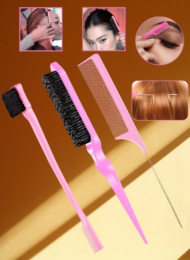 NIKITA.VIVI 3pcs Slick Brush Set Bristle Hairbrush Teasing Comb Edge Hairbrush Grooming Combs Rat Tail Brush Fine Tooth Comb Suitable for Combing Brushing and Smoothing Hair Edge Control Brush Pink - Image 1