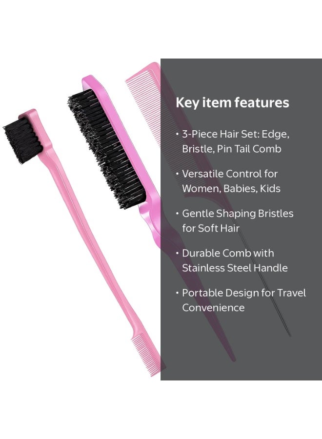 NIKITA.VIVI 3pcs Slick Brush Set Bristle Hairbrush Teasing Comb Edge Hairbrush Grooming Combs Rat Tail Brush Fine Tooth Comb Suitable for Combing Brushing and Smoothing Hair Edge Control Brush Pink - Image 4