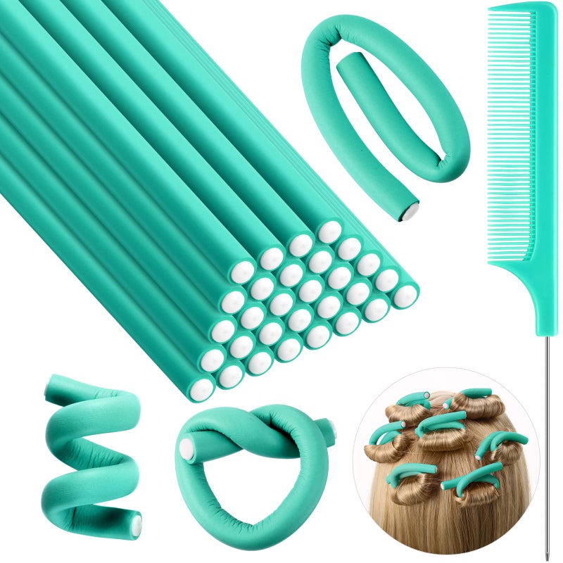 Syhood 30 Pcs 7 Flexible Curling Rods Twist Foam Hair Rollers Soft Foam No Heat Hair Rods Rollers and 1 Steel Pintail Comb Rat Tail Comb for Women Long Short HairLake Green7 x 03 Inch - Image 2