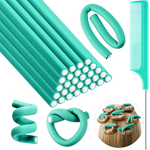 Syhood 30 Pcs 7 Flexible Curling Rods Twist Foam Hair Rollers Soft Foam No Heat Hair Rods Rollers and 1 Steel Pintail Comb Rat Tail Comb for Women Long Short HairLake Green7 x 03 Inch - Image 1