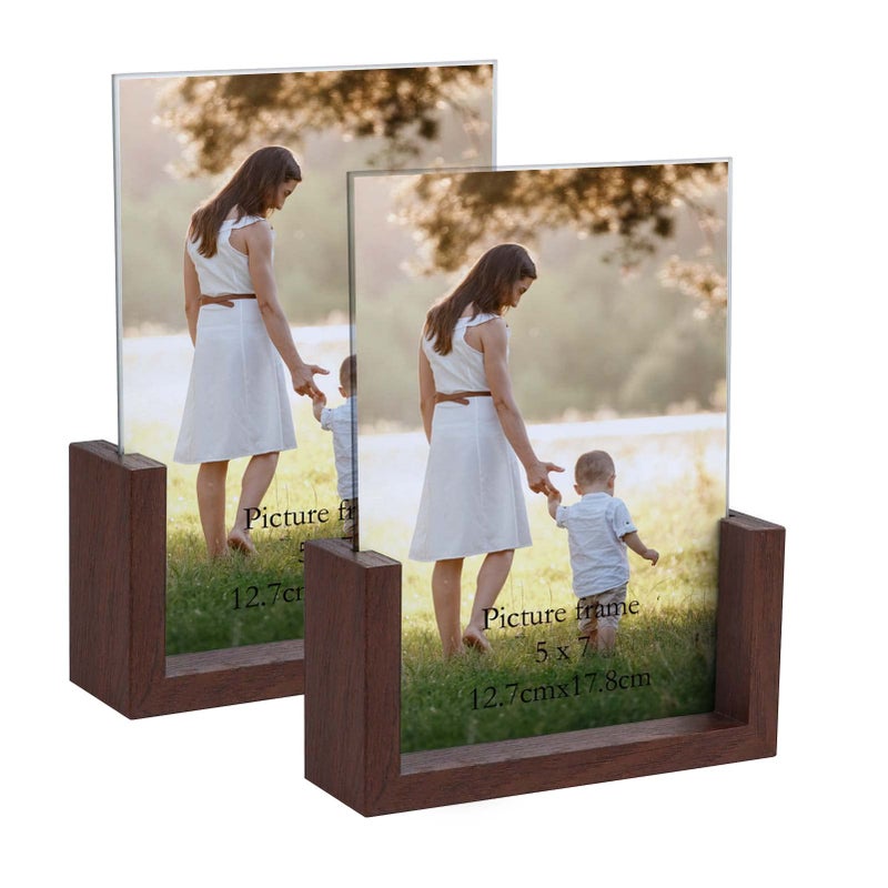 PETAFLOP 5x7 Picture Frame Doublesided Rustic Photo Frames with Ushape Wooden Base for 5 by 7 Inch Photo Display 2 Pack