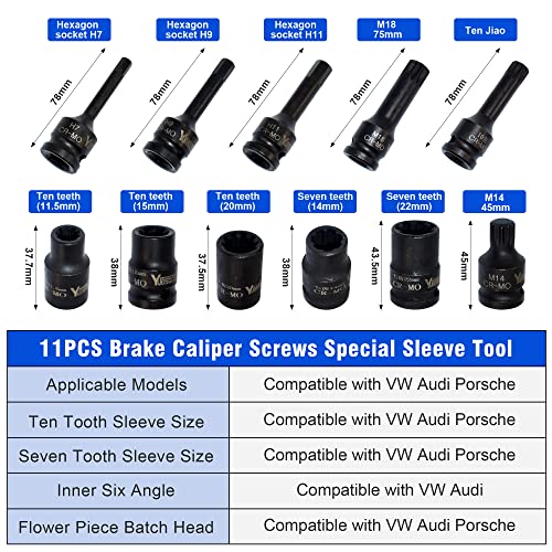 Yuesstloo 11PCS Brake Caliper Socket Kit, 1/2" Square Drive Wrench Socket Kit Compatible with Benz BMW VW Audi Porsche, H7 H9 H11 7pt 10pt 11.5mm 15mm 20mm M14 M18, with Carrying Case & Gloves - Image 3