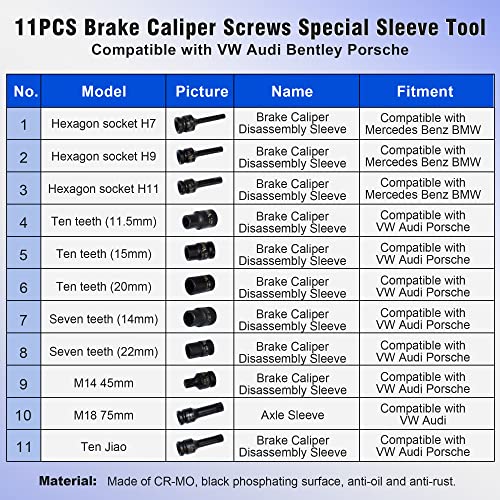 Yuesstloo 11PCS Brake Caliper Socket Kit, 1/2" Square Drive Wrench Socket Kit Compatible with Benz BMW VW Audi Porsche, H7 H9 H11 7pt 10pt 11.5mm 15mm 20mm M14 M18, with Carrying Case & Gloves - Image 2