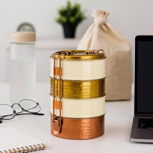 Elan 4 Compartment Lunch Box |Stainless Steel Four Tier Tiffin Box | Easy to Carry |Traditional Indian Lunch Box for Men | (White/Gold) - Image 1