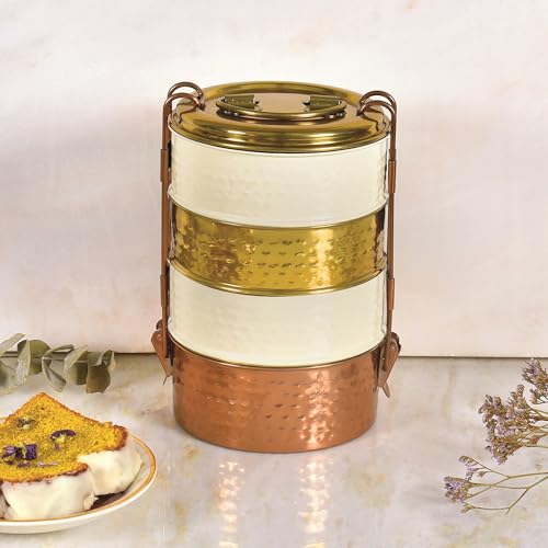 Elan 4 Compartment Lunch Box |Stainless Steel Four Tier Tiffin Box | Easy to Carry |Traditional Indian Lunch Box for Men | (White/Gold) - Image 5