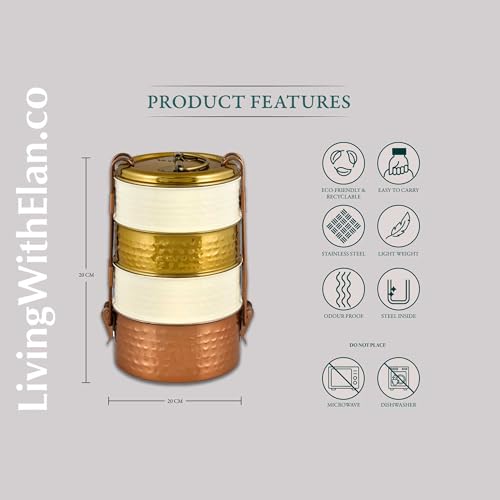 Elan 4 Compartment Lunch Box |Stainless Steel Four Tier Tiffin Box | Easy to Carry |Traditional Indian Lunch Box for Men | (White/Gold) - Image 2