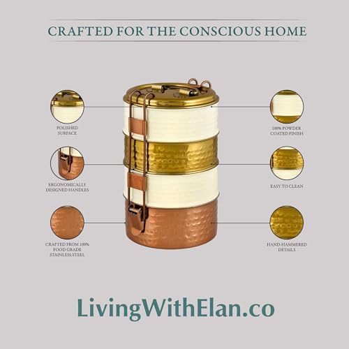 Elan 4 Compartment Lunch Box |Stainless Steel Four Tier Tiffin Box | Easy to Carry |Traditional Indian Lunch Box for Men | (White/Gold) - Image 3