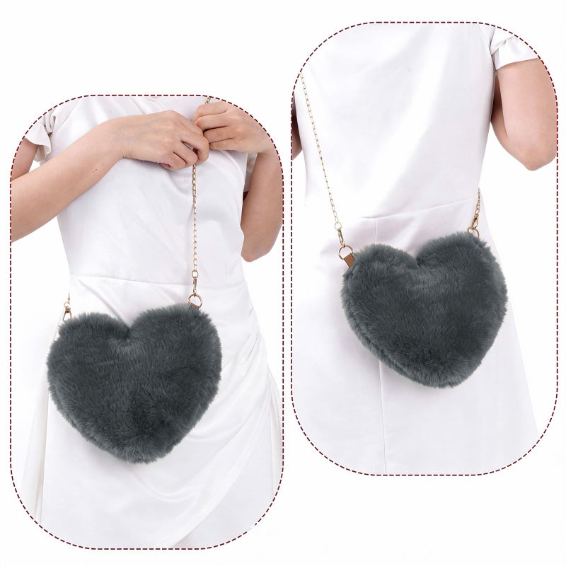 Miayon Heart Shaped Faux Fur Clutch Purse Fluffy Crossbody Shoulder Bag for Women Halloween Christmas Valentine Dark Gray - Image 4