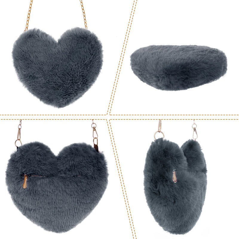 Miayon Heart Shaped Faux Fur Clutch Purse Fluffy Crossbody Shoulder Bag for Women Halloween Christmas Valentine Dark Gray - Image 5