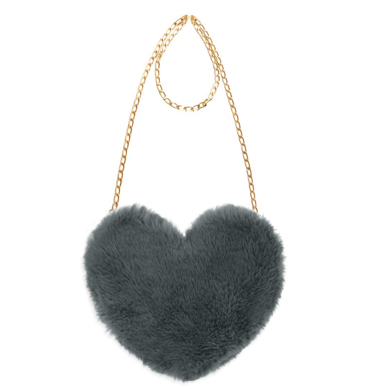 Miayon Heart Shaped Faux Fur Clutch Purse Fluffy Crossbody Shoulder Bag for Women Halloween Christmas Valentine Dark Gray - Image 1