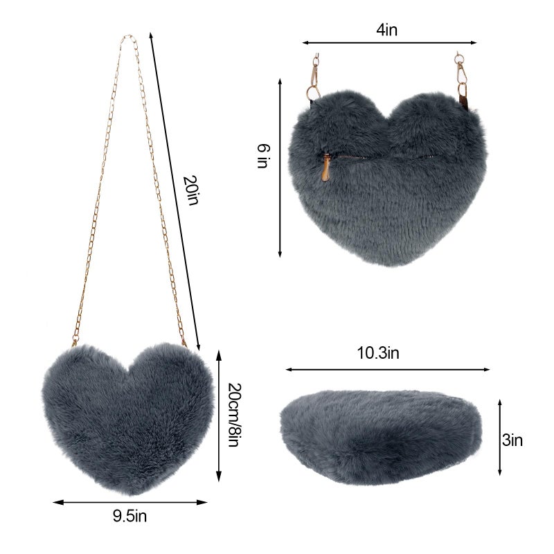 Miayon Heart Shaped Faux Fur Clutch Purse Fluffy Crossbody Shoulder Bag for Women Halloween Christmas Valentine Dark Gray - Image 3