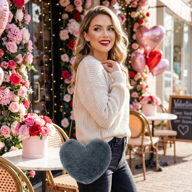 Miayon Heart Shaped Faux Fur Clutch Purse Fluffy Crossbody Shoulder Bag for Women Halloween Christmas Valentine Dark Gray - Image 2