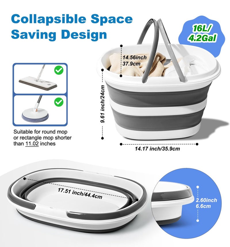 Lesipee Collapsible Bucket 16L with Handles, Cleaning Mop Bucket Space Saving Foldable Silicone Tub for Laundry Storage Camping, Portable Wash Basin for Home & Car, 4.2 Gallon Compact Utility Plastic Bucket - Image 2