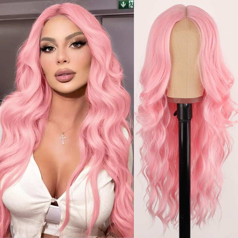 AISI HAIR Pink Wig for Women Long Wavy Lace Hairline Middle Part Synthetic Wig for Daily Party26 Inch