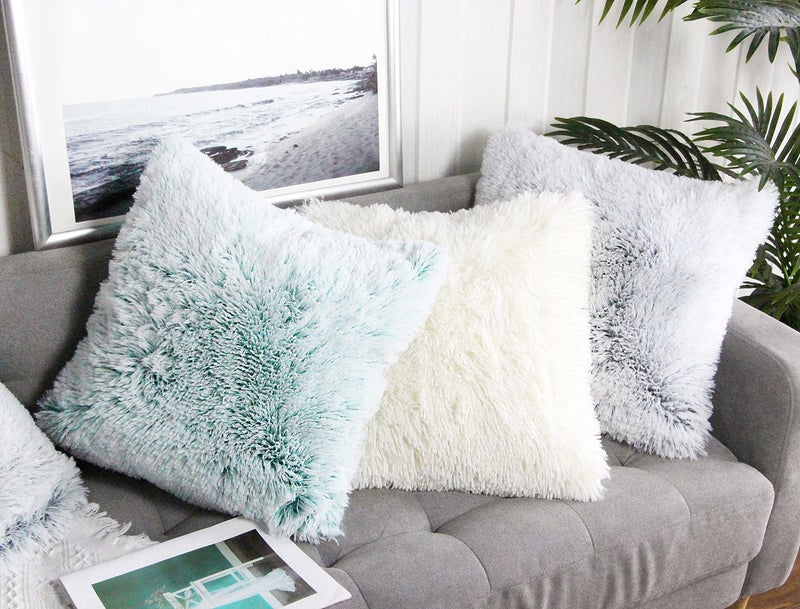 Uhomy 2 Packs Fluffy Accent Pillows Cover 18"x18", Soft Cream White Faux Fur Throw Pillow Case, Modern Luxury Decorative Square Cushion Cover for Farmhouse Home Decor for Sofa/Bed/Chair, 45x45cm - Image 5