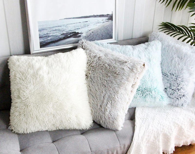 Uhomy 2 Packs Fluffy Accent Pillows Cover 18"x18", Soft Cream White Faux Fur Throw Pillow Case, Modern Luxury Decorative Square Cushion Cover for Farmhouse Home Decor for Sofa/Bed/Chair, 45x45cm - Image 4