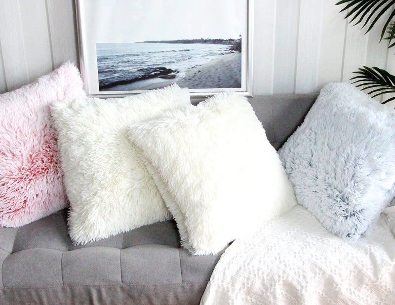 Uhomy 2 Packs Fluffy Accent Pillows Cover 18"x18", Soft Cream White Faux Fur Throw Pillow Case, Modern Luxury Decorative Square Cushion Cover for Farmhouse Home Decor for Sofa/Bed/Chair, 45x45cm - Image 3