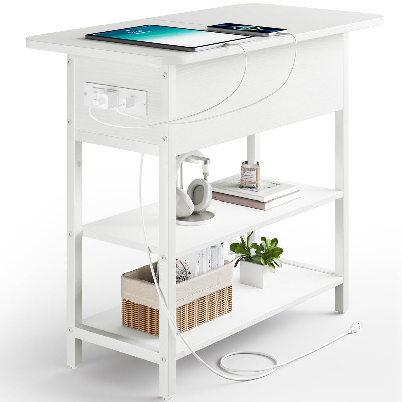 Yoobure End Table with Charging Station, Flip Top Side Table with USB Ports and Outlets, Sofa Couch Table Bedside Table for Living Room Bedroom, Narrow Nightstand with Storage Shelves for Small Spaces - Image 1