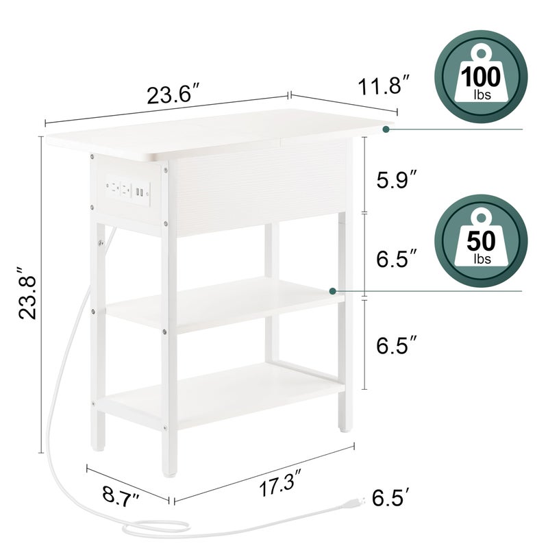 Yoobure End Table with Charging Station, Flip Top Side Table with USB Ports and Outlets, Sofa Couch Table Bedside Table for Living Room Bedroom, Narrow Nightstand with Storage Shelves for Small Spaces - Image 4