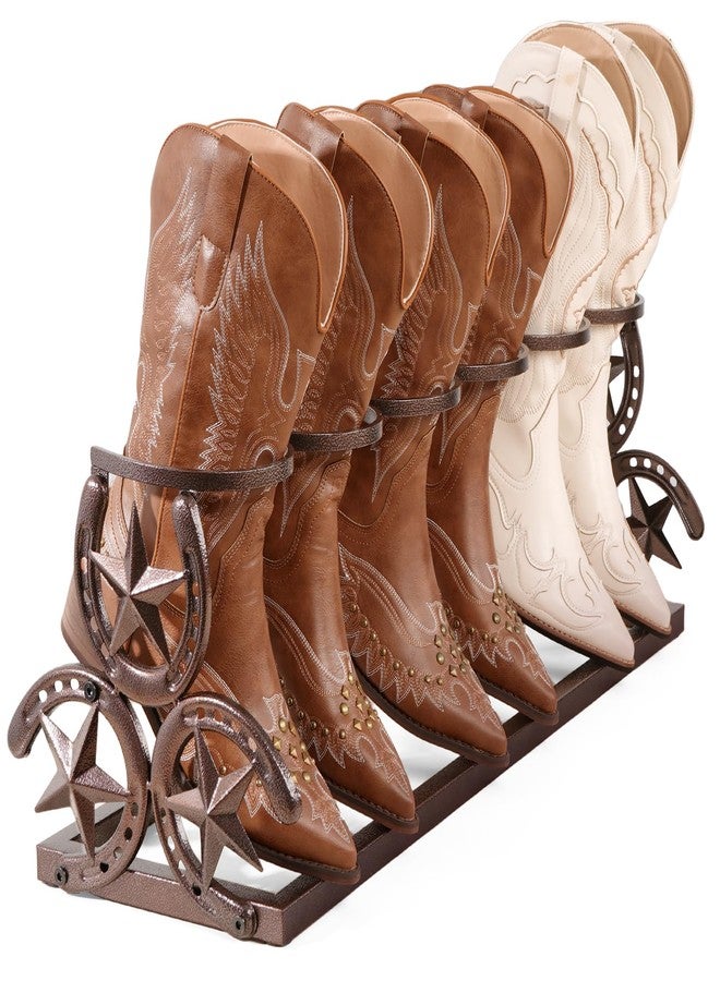 HYDERMUS Western Horseshoe Boot Rack, 3 Pairs Freestanding Metal Boot Stand, Adjustable Cowboy Boot Organizer with Texas Star Ends for Entryway Bedroom Living Room Decor, Gift for Cowboy Boot Lovers, Bronze - Image 1