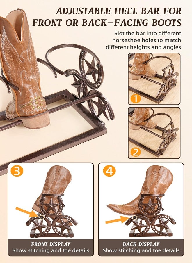 HYDERMUS Western Horseshoe Boot Rack, 3 Pairs Freestanding Metal Boot Stand, Adjustable Cowboy Boot Organizer with Texas Star Ends for Entryway Bedroom Living Room Decor, Gift for Cowboy Boot Lovers, Bronze - Image 4
