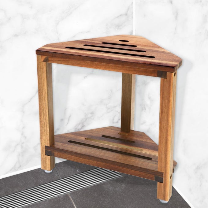 CORNER SHOWER STOOL WITH STORAGE SHELF SHOWER FOOT REST FOR SHAVING LEGS SMALL BENCH FOR INSIDE SHOWER TO SIT ON BATH SEAT ACACIA WOOD