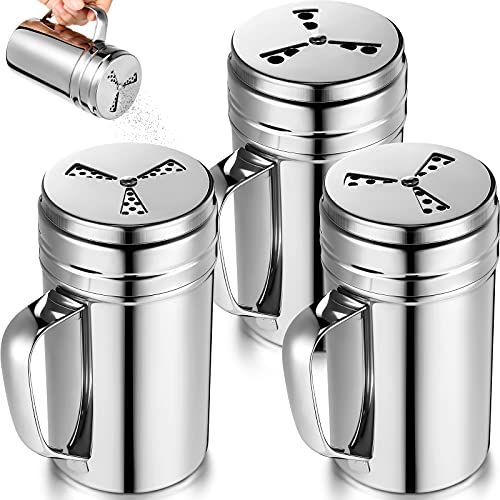 Geiserailie 3 Pieces Seasoning Bottle with Handle Stainless Steel Spice Shaker Metal Versatile Dredge Shaker with Rotating Cover for Cooking Kitchen Gadget (Fan Style Lid,Large) - Image 1