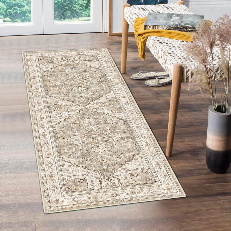 Yamaziot Yamaziot Washable Runner Rug  2x5 Non-Slip Boho Vintage Hallway Rug Runner with Rubber Backing  Stain Resistant Faux Wool Distressed Carpet Runner for Kitchen  Laundry  Entrance  Beige Brown  - Image 1