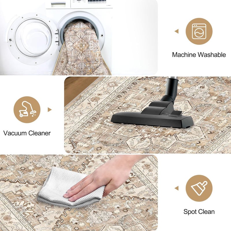 Yamaziot Yamaziot Washable Runner Rug  2x5 Non-Slip Boho Vintage Hallway Rug Runner with Rubber Backing  Stain Resistant Faux Wool Distressed Carpet Runner for Kitchen  Laundry  Entrance  Beige Brown  - Image 5