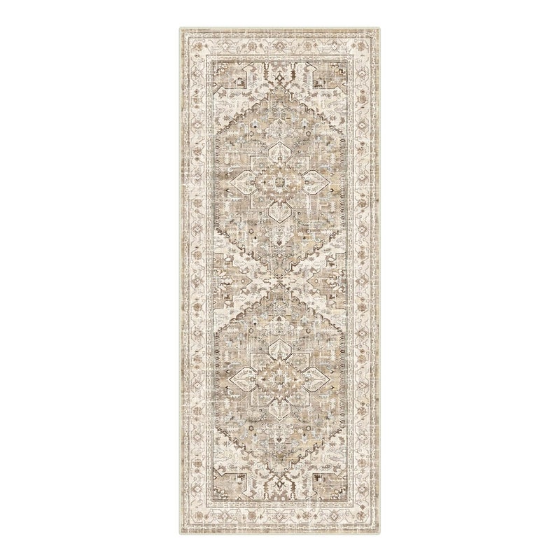 Yamaziot Yamaziot Washable Runner Rug  2x5 Non-Slip Boho Vintage Hallway Rug Runner with Rubber Backing  Stain Resistant Faux Wool Distressed Carpet Runner for Kitchen  Laundry  Entrance  Beige Brown  - Image 2