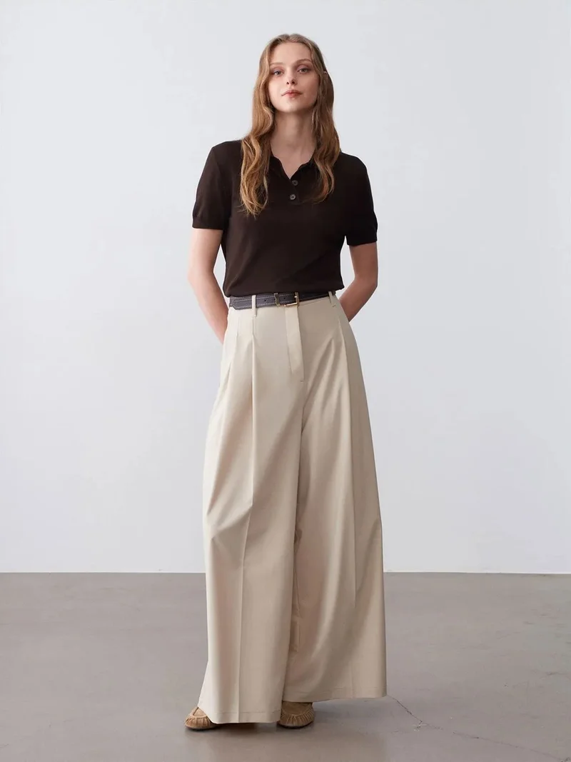 ديلفين DILVIN Women's High-Waist Wide-Leg Crepe Trousers
