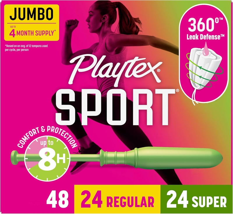 Playtex Sport Tampons Multipack 24ct Regular24ct Super FragranceFree 48ct Tampons Regular and Super Playtex Tampon Multipack Feminine Care with 360 Leak Defense - Image 1