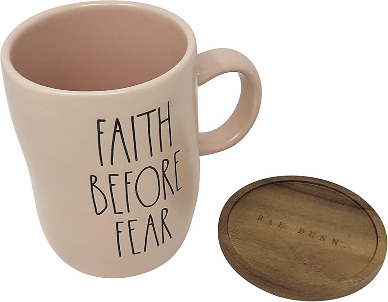 Rae Dunn Ceramic Hot CocoaCoffeeTea Mug With Wood LidCoaster 16 oz Faith Before FearPink - Image 3