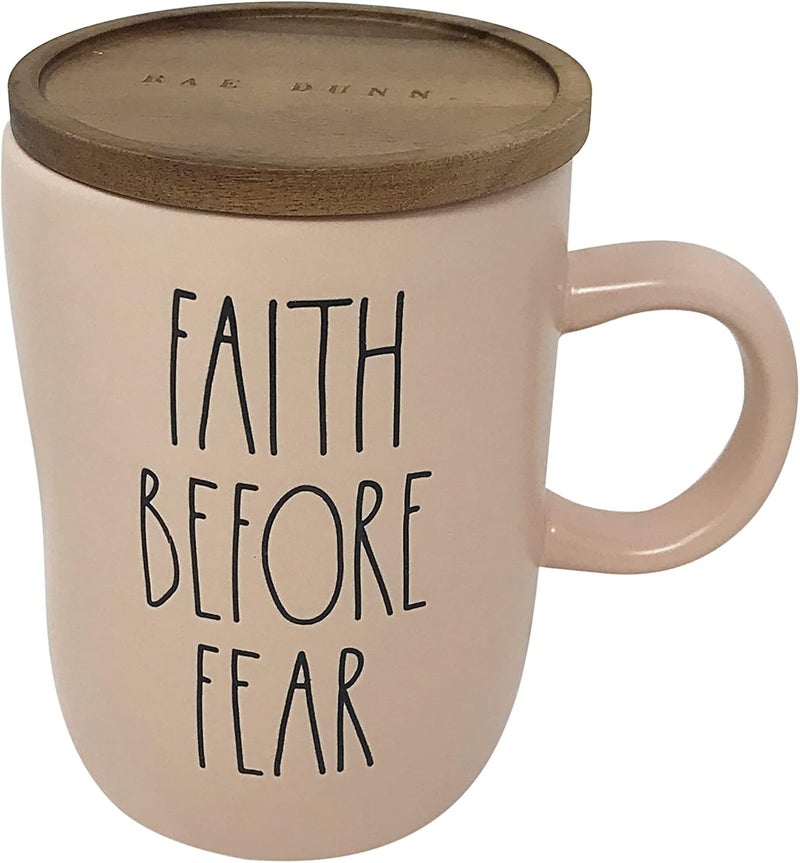 Rae Dunn Ceramic Hot CocoaCoffeeTea Mug With Wood LidCoaster 16 oz Faith Before FearPink - Image 1