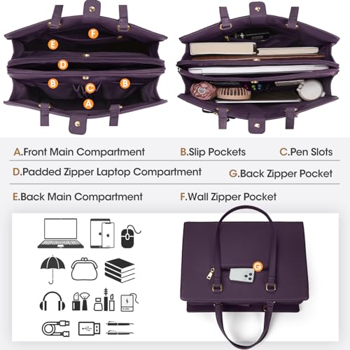 NUBILY Laptop Bag for Women 15.6 inch Laptop Tote Bag Waterproof Leather Computer Bag Large Lightweight Briefcase Professional Business Work Bag Dark Purple - Image 2