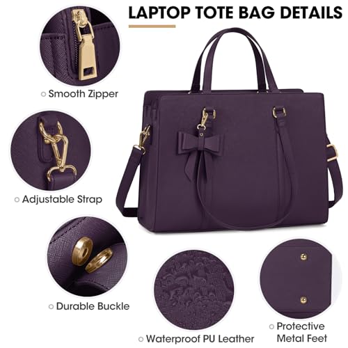 NUBILY Laptop Bag for Women 15.6 inch Laptop Tote Bag Waterproof Leather Computer Bag Large Lightweight Briefcase Professional Business Work Bag Dark Purple - Image 4