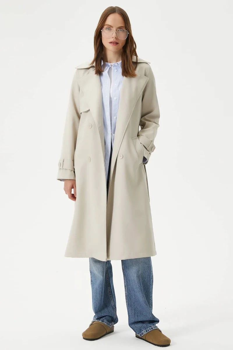 Ritnice Women's Style Lined Flap Stone Trench Coat
