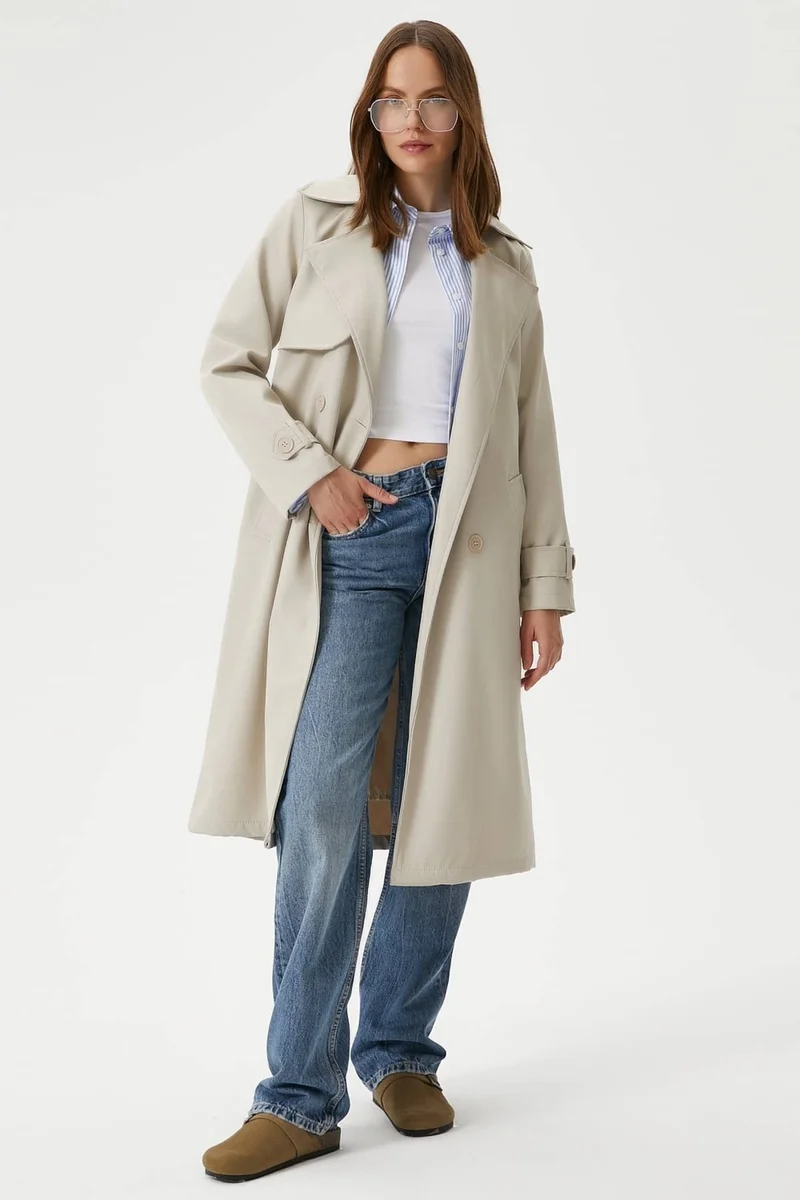 Ritnice Women's Style Lined Flap Stone Trench Coat