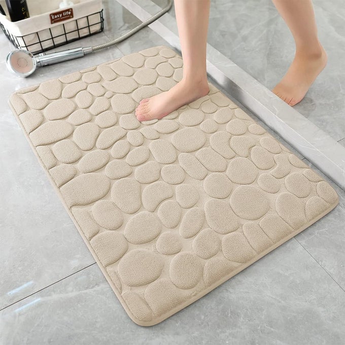 MEMORY FOAM BATH MAT COBBLESTONE BATHROOM RUGS SUPER WATER ABSORBENT BATH MATS FOR BATHROOM MACHINE WASHABLE BATH RUGS17X24KHAKI