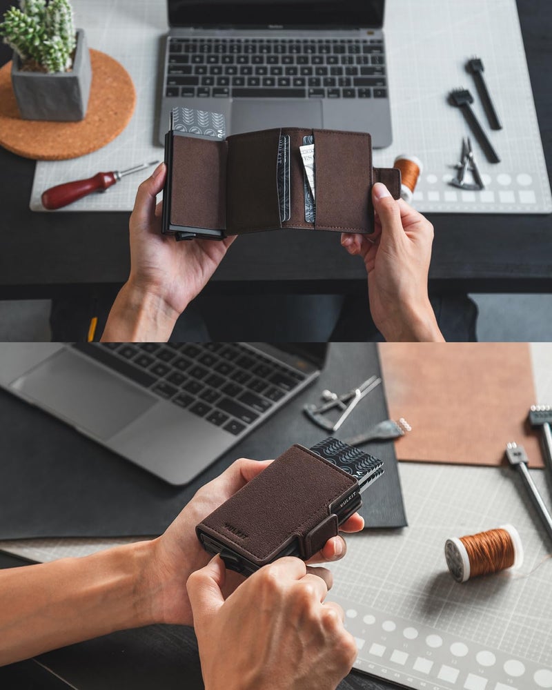VULKIT VULKIT Credit Card Holder RFID Blocking Leather Automatic Pop Up Wallet Magnetic Wallet Double Card Case for Men and Women Cross Black  - Image 4