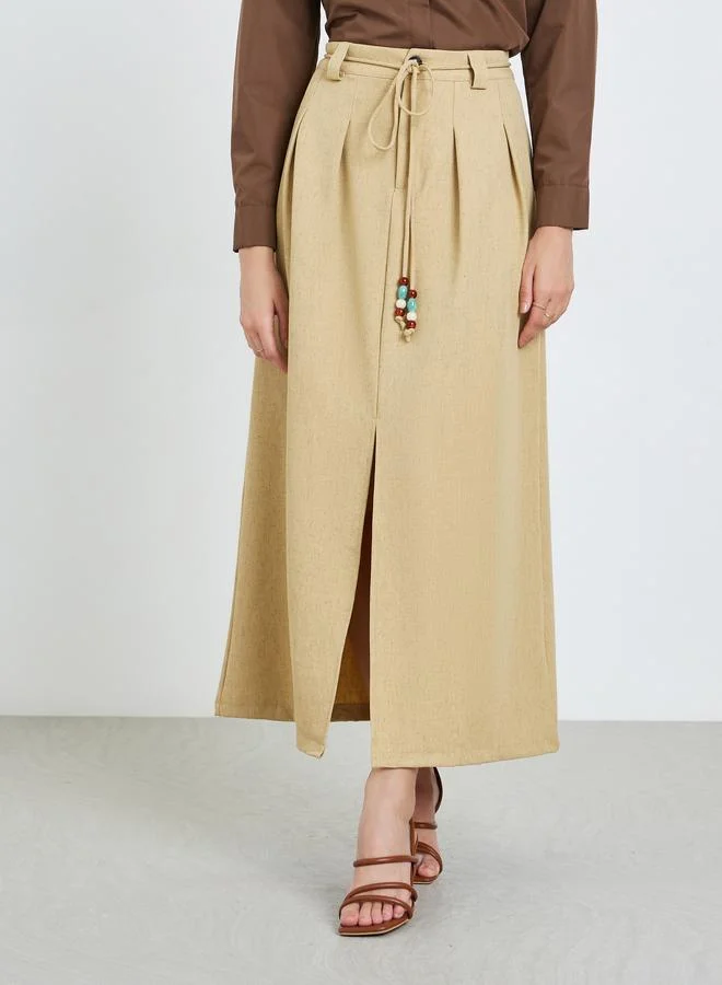 تايك تو Women's solid Pleated Detail Tie Waist Slit Cut Skirt