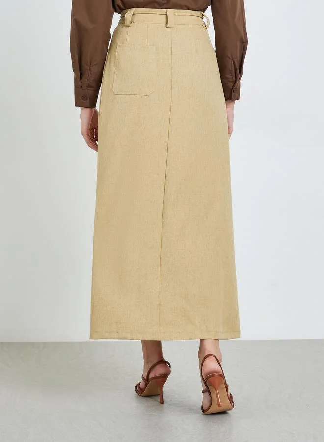 Take Two  Tan Pleat Detail Maxi Skirt with Slit for Women | Best Price UAE