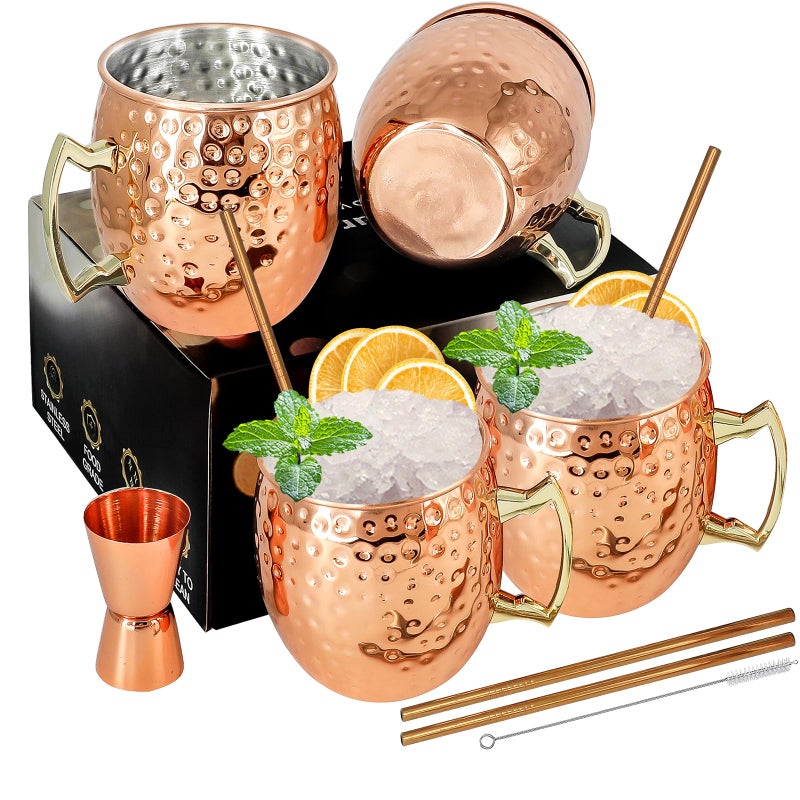 Moscow Mule Mugs Copper Mule Cup Kit 18oz Set of 4 with Handle Large Copper Hammered Plating Cups with 05oz Double Jigger Stainless Steel Straws Spoon for Cold Drinks Cocktails Wine