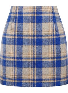 High-Waist Plaid Wool Pencil Mini Skirt color blue